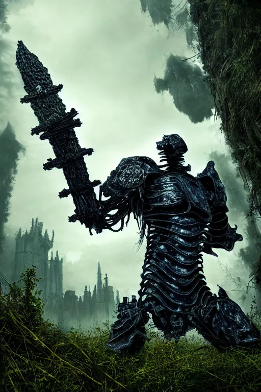 Image similar to post - gothic giant creepy chimera, exoskeleton armor, holding shiny katana, dystopian ruins covered in vegetation, highly detailed smooth digital art masterpiece, vitaly bulgarov giger dramatic dark blue light, ground angle hd 8 k, sharp focus