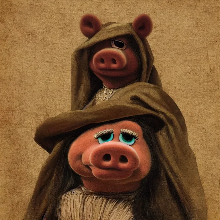 Prompt: Miss Piggy as the Mona Lisa painting by Leonardo da Vinci, medieval art, trending on artstation