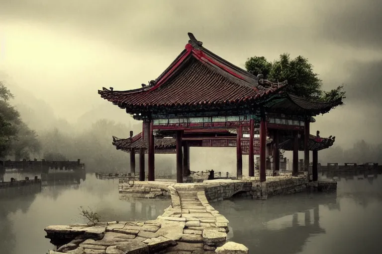 Prompt: in the rain, some ancient chinese houses, bridge, river mysterious and serene landscape, clouds, trending on artstation