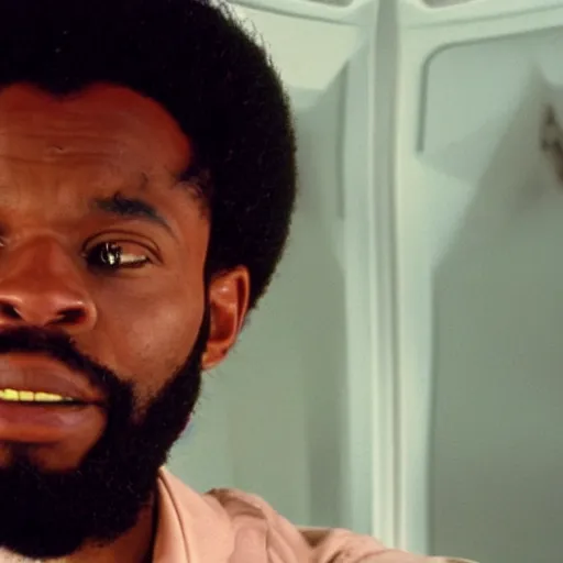 Image similar to film still of a black man with afro hair and raspy beard stubble in 2 0 0 1 a space odyssey