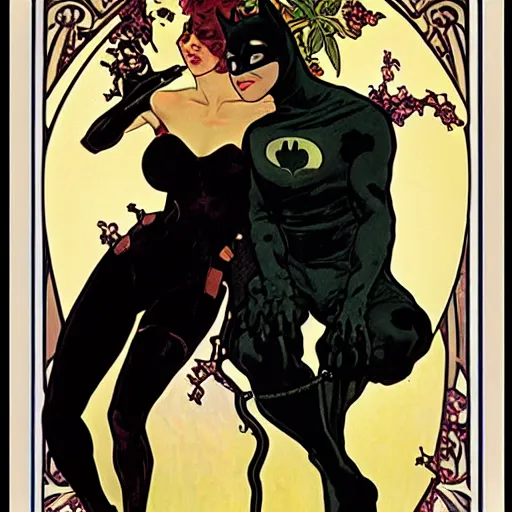 Image similar to portrait of catwoman and batman by Alphonse Mucha