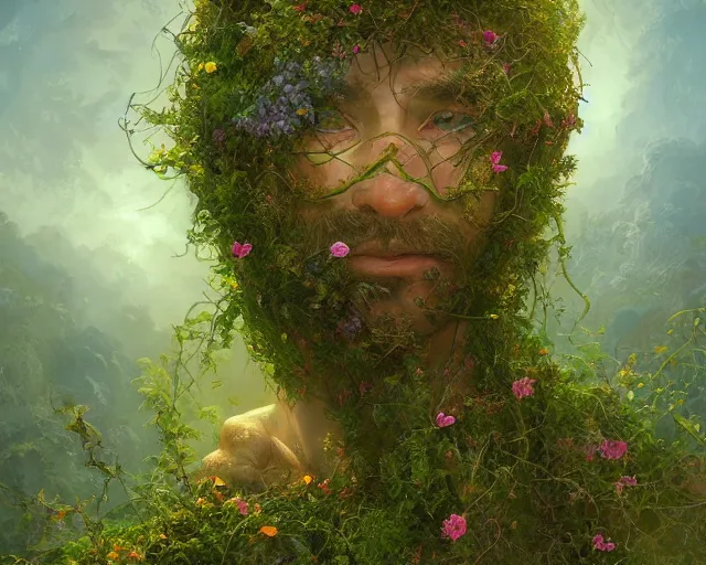 Prompt: a male angel made of vines and flowers and moss, standing in front of a beautiful cottage, a digital painting by thomas canty and thomas kincade and ross tran, art nouveau, atmospheric lighting, trending on artstation