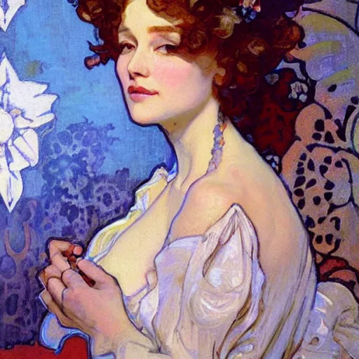 Image similar to mandelbrot portrait of a beautiful woman by gil elvgen, greg manchess, mucha