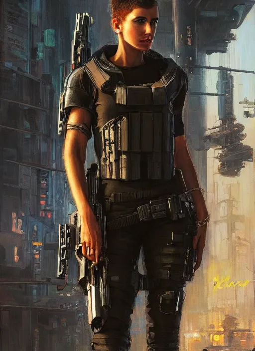 Image similar to 🧕🏾. cyberpunk police trooper in a military vest ( blade runner 2 0 4 9, cyberpunk 2 0 7 7 ). orientalist portrait by john william waterhouse and james gurney and theodore ralli and nasreddine dinet, oil on canvas. cinematic, hyper realism, realistic proportions, dramatic lighting, high detail 4 k