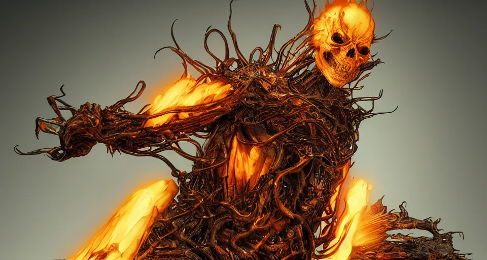 Image similar to Ghost Rider Designed By Moebius Yasushi Nirasawa and HR Giger, full body action pose, hyperrealistic, octane render, HDR, volumetric lighting,