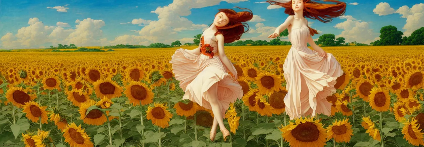 Image similar to beautiful young girl dancing in a fiery dress in a beautiful field of sunflowers and lilies, like leonardo da vinci sketches! in the style of studio ghibli, j. c. leyendecker, greg rutkowski, artgerm