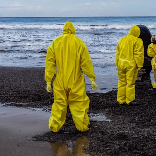 Image similar to Professional Photography, long shot, People in yellow chemical hazmat suits are investigating a huge creepy black creature washed up on the beach.