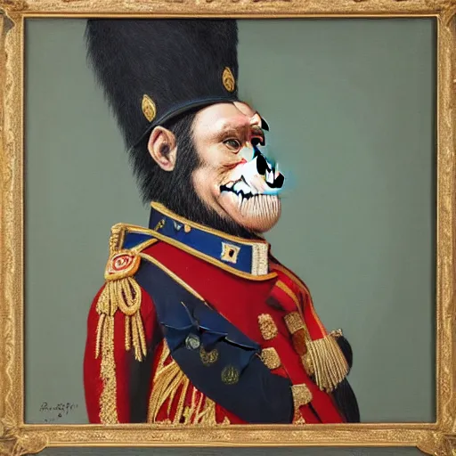 Image similar to An exquisite modern painting of a chimpanzee dressed like a bearded Napoleon with correct military uniform, no frames