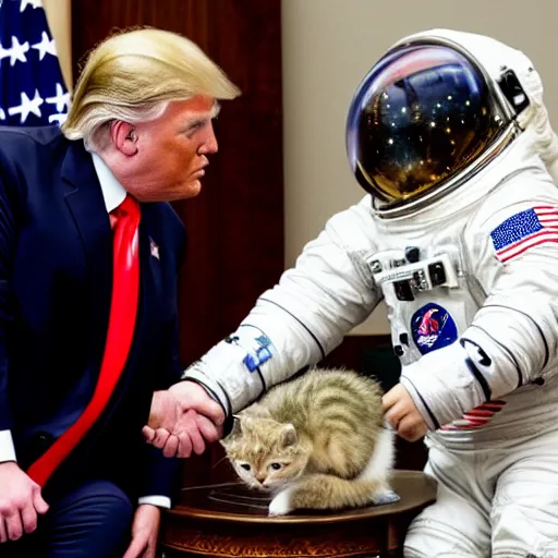 Prompt: astronaut cat shaking hands with donald trump