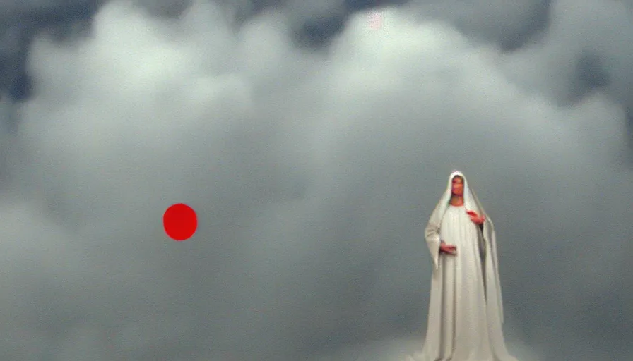 Image similar to 2 0 0 8 nokia flipphone footage of marian apparition, marian apparitions distant in clouds, red line circle drawn around subject, jpg damage