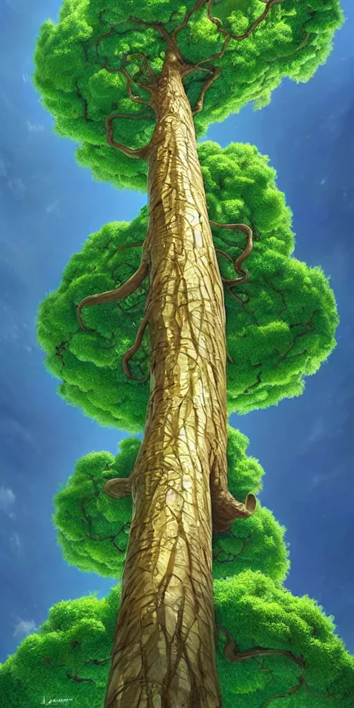 Prompt: a tree with an extremely long trunk and massive spherical canopy, viewed from below, perspective, fantasy digital painting by artgerm and leyendecker, surreal, photorealistic
