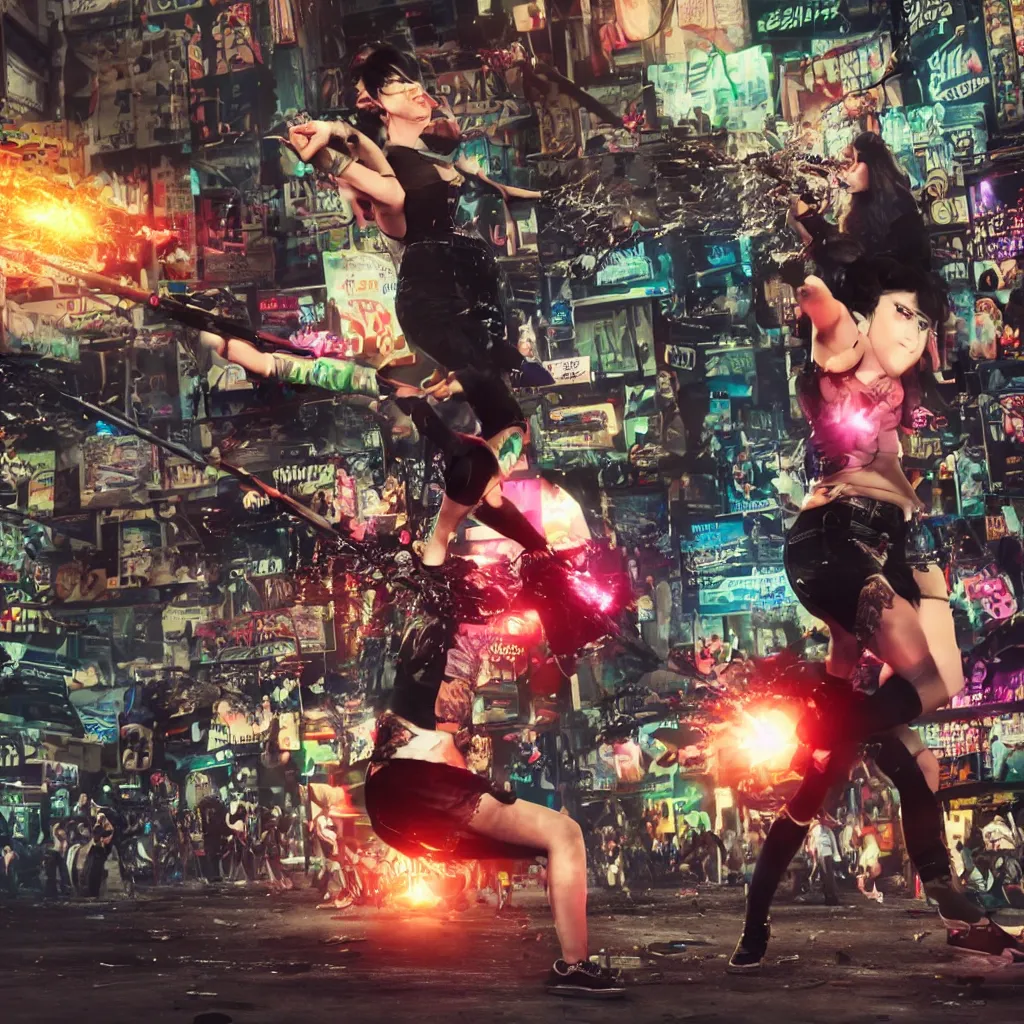 Image similar to extremely detailed picture of a punk girl hitting a crt tv with a spiked baseball bat in the middle of a crowded street, octane render, hdr, 8 k