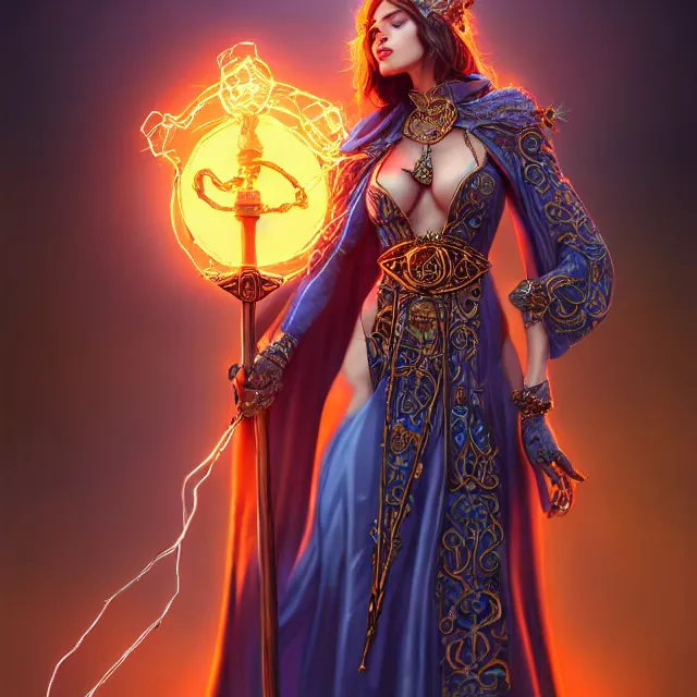 Image similar to beautiful elemental electric witch with ornate robes and staff, highly detailed, 4 k, hdr, smooth, sharp focus, high resolution, award - winning photo, artgerm, photorealistic