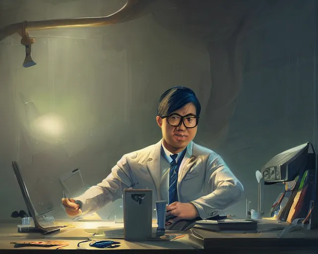 Image similar to an insanely detailed painting of a nerdy asian man wearing a superhero costume, sitting at a desk, staring at the nervously at the computer and typing, in the style of peter mohrbacher, dramatic lighting and composition, octane render, pixar, trending on artstation, concept art, comic book, view from behind