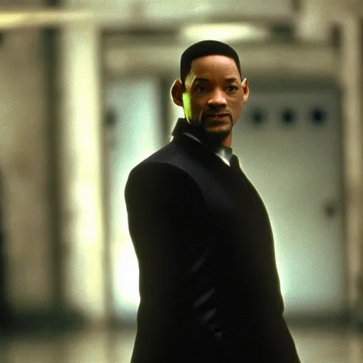 Image similar to movie still of will smith as neo in the matrix