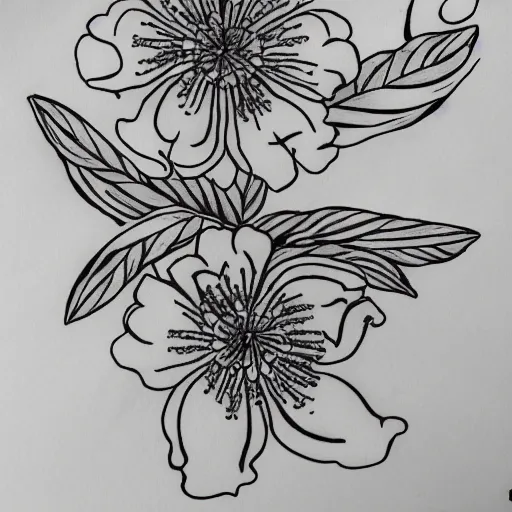 Image similar to azalea flowers in the style of the Voynich manuscript outline tattoo design, black ink on white paper