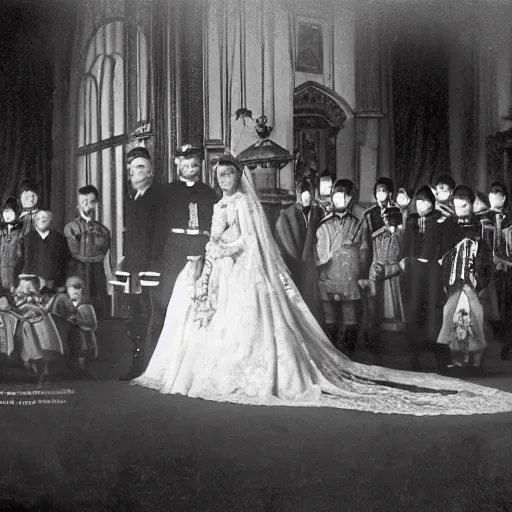 Prompt: Wide intermediate shot, coloured black and white, historical fantasy photographic image of a royal wedding of the groom who is waiting for his wife while appearing utterly afraid. An image from 1907 taken during the royal wedding's official wedding photographer's golden hour displays warming lighting. ultra realistic, photorealistic, cinema, hyper realistic, cinematic.