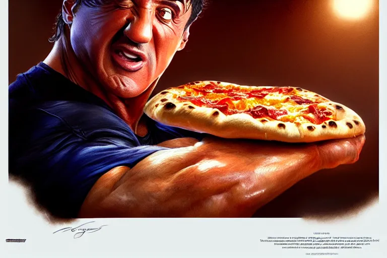 Image similar to sylvester stallone inside a calzone pizza, hyper detailed, digital art, artstation, cinematic lighting, studio quality, smooth render, by artgerm, greg rutkowski, boris vallejo