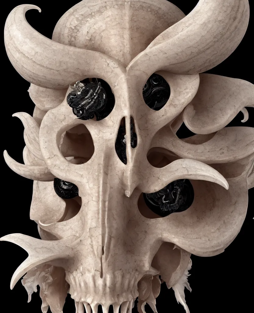 Image similar to goddess princess face close-up portrait ram skull. sculpture made of black stone with elements made of polished gold. jellyfish phoenix head, nautilus, orchid, skull, betta fish, bioluminiscent creatures, intricate artwork by Tooth Wu and wlop and beeple. octane render, trending on artstation, greg rutkowski very coherent symmetrical artwork. cinematic, hyper realism, high detail, octane render, 8k