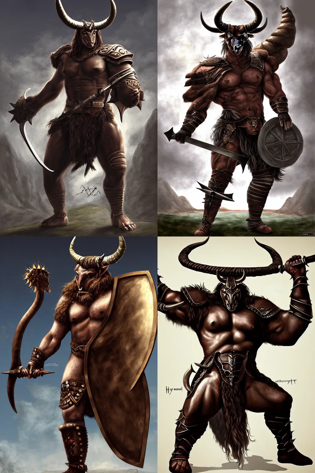 Prompt: Giant horned minotaur warrior with two swords, leather armor, full body, muscular, dungeons and dragons, hyperrealism, high details, digital painting, dark fantasy