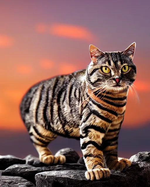 Prompt: A very attractive bipedal muscle cat wearing expensive stones embellished with gold stripes, ultra-realistic, white background, 8k HDR sunset lit, intricate detail