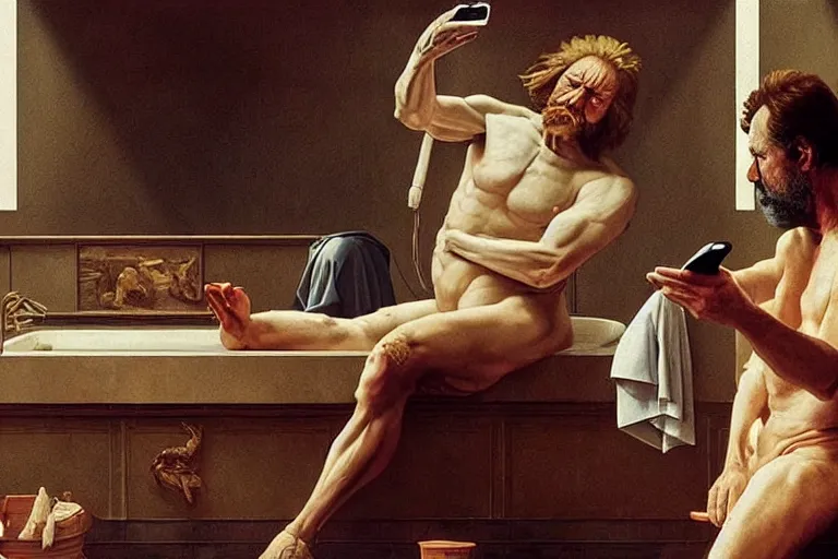 Image similar to hyperrealism aesthetic ridley scott and caravaggio and denis villeneuve style photography of a detailed giant, siting on a detailed ultra huge toilet and scrolling his smartphone in surreal scene from detailed art house movie in style of alejandro jodorowsky and wes anderson