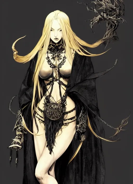 Image similar to beautiful human witch with blonde long straight hair in intricate ornate witch robe, haughty evil look, witch hat. in style of yoji shinkawa and hyung - tae kim, trending on artstation, dark fantasy, great composition, concept art, highly detailed, dynamic pose.