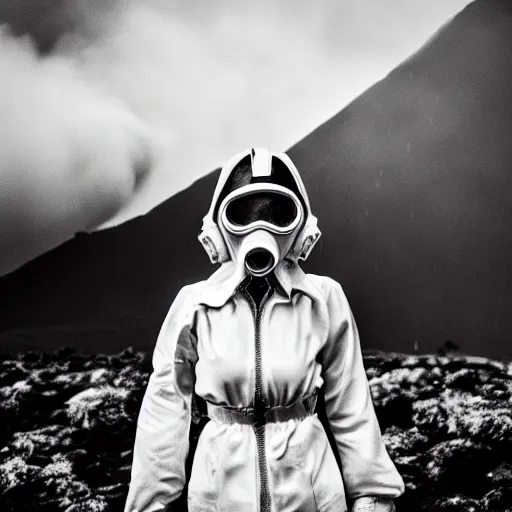 Image similar to a wolf with white suit, she wear gasmask, in volcano, standing close to volcano, fire raining, professional photography, black and white, cinematic, eerie