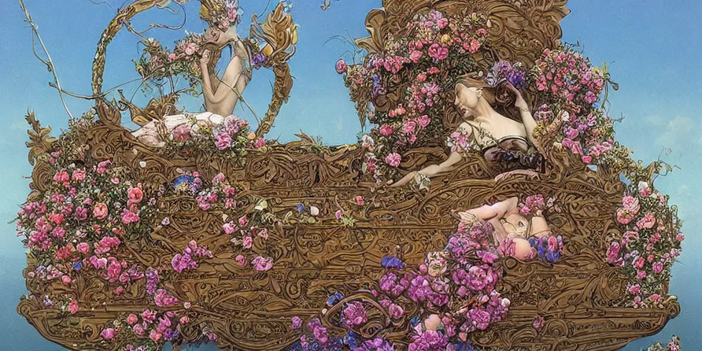 Prompt: an elaborate floating coffin adorned with flowers, evening, fantasy, regal, intricate, detailed matte painting by moebius