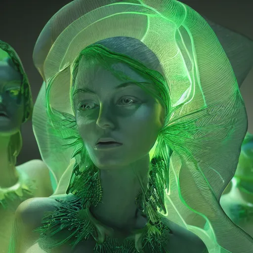 Prompt: a striking! render of ethereal beings made of green glass, new age artwork, octane, houdini, 8 k, cgsociety
