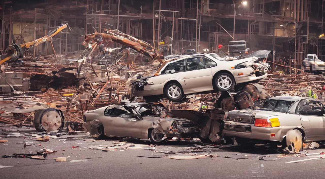 Image similar to Action shot of a single 1993 brown nissan maxima crashing into two construction drums stacked on top of each other, the windshield is being smashed by the top construction drum, moment frozen in time, photo realistic, night, photo realistic, depth of field, award winning, cinematic, color graded