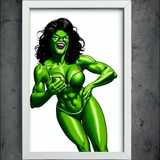 Image similar to Actress Rosario Dawson as She-Hulk, smiling, poster framed, comic pinup style, sports illustrated, detailed legs, artstation, illustration, posterized