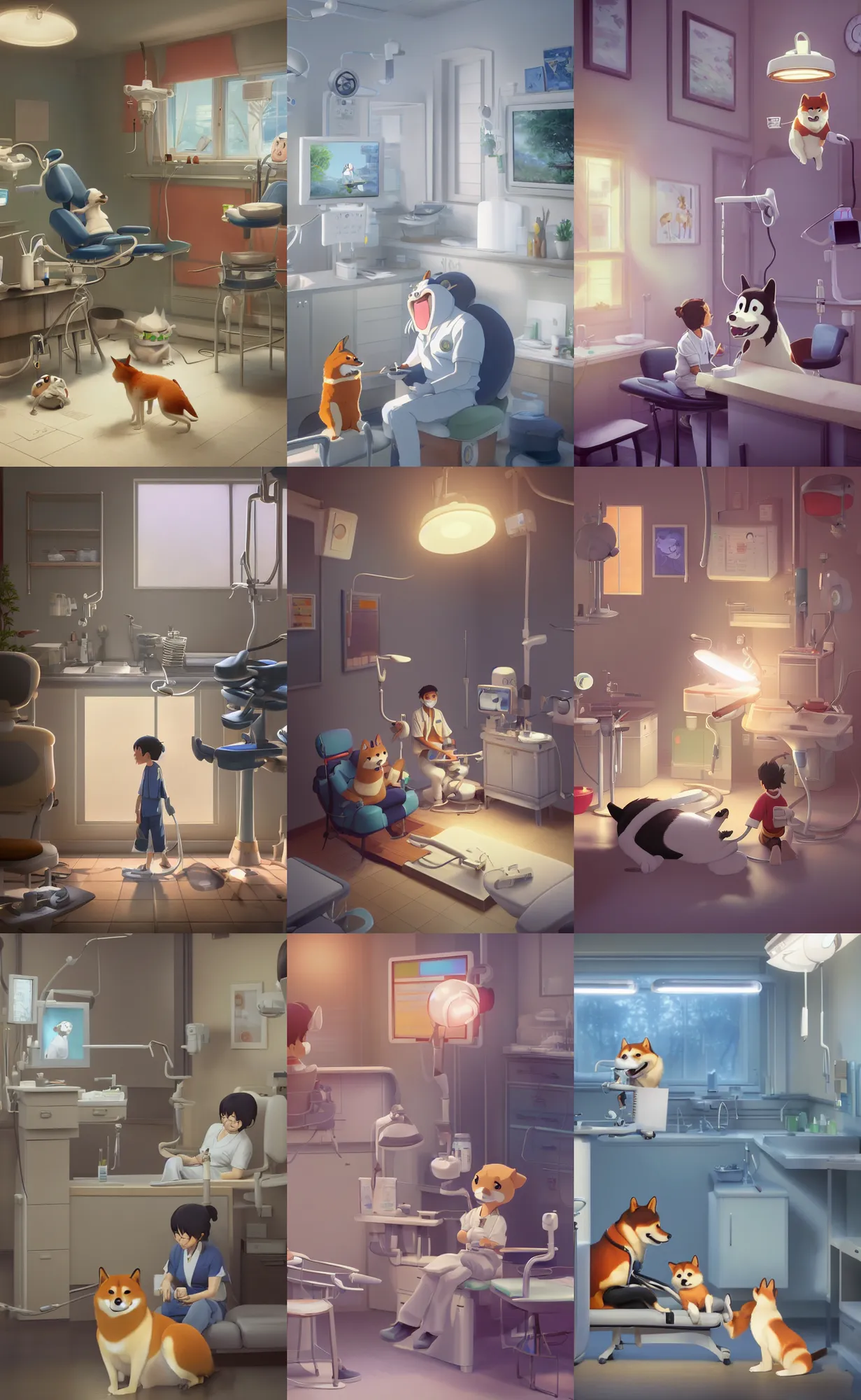 Prompt: a wholesome illustration of a dentist appointment for Shiba Inu, studio Ghibli, Pixar and Disney animation, sharp, Rendered in Redshift and Unreal Engine 5 by Greg Rutkowski, Bloom, dramatic lighting