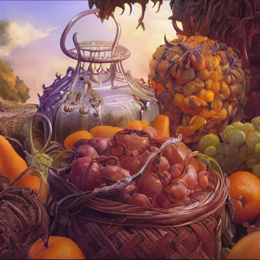 Image similar to photorealistic fruits basket in hell, detailed, centered, digital painting, artstation, concept art, donato giancola, joseph christian leyendecker, wlop, boris vallejo, breathtaking, 8 k resolution, extremely detailed, beautiful, establishing shot, artistic, hyperrealistic, beautiful face, octane render, cinematic lighting, dramatic lighting, masterpiece