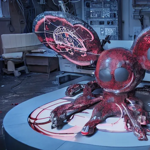 Prompt: a giant mickey mouse, dissected by a group of network executives, on an operating table, octane render, cgstation, 3 d render, very detailed, mindblowing, blood and guts, gritty, cyberpunk