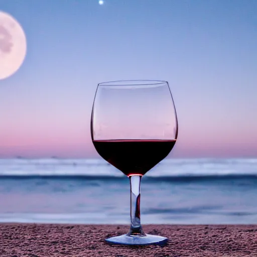 Prompt: high detailed wine glass at a beach at nighttime, full moon, 4k