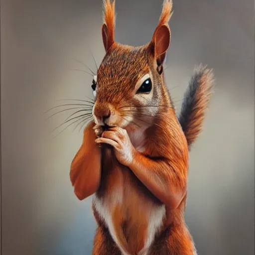 Image similar to oil painting of a muscular!!!! squirrel with bulging!! human!! biceps!!!!, 8 k, high quality