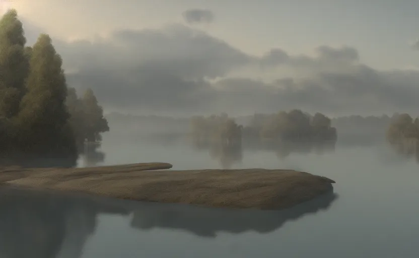 Image similar to a strange lake directed by charlie kaufman ( 2 0 0 1 ) anamorphic lenses, foggy volumetric light morning, a sad lonely row boat in the center, cinematic trending on artstation in the style of greg rutkowski
