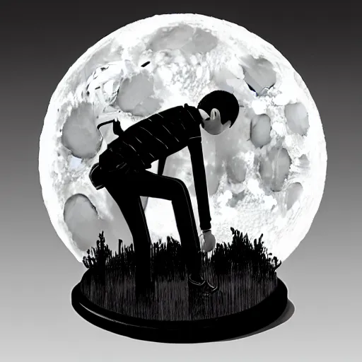Image similar to full moon, figurines, tilt shift, style of shuzo oshimi, black outline, on white, smooth, thin sharp lines, detailed