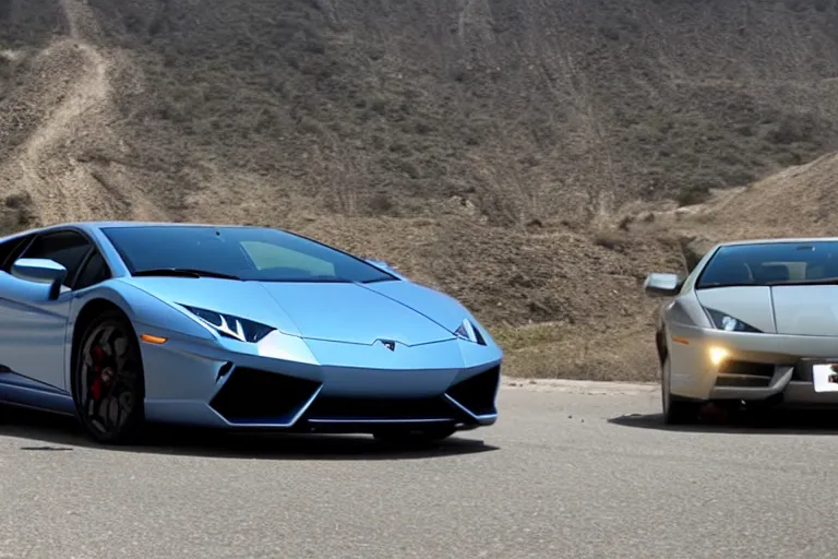 Image similar to A cinematic film still of a Lamborghini in the movie 2012.