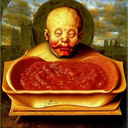 Image similar to a chef sitting in a bathtub full of tomato sauce, dinner is served, by giuseppe arcimboldo and ambrosius benson, renaissance, fruit, intricate and intense oil paint, realistic