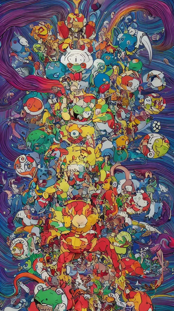 Image similar to **<<https://s.mj.run/rMECRf8LkNE>> No more heroes 3 Fuu humanoid mythical beast, fantastical, cute, and beautiful hybrid of different animals, a humorous psychedelic creature concept design by Moebius, Studio Ghibli, Toru Narita, in the style of Takashi Murakami, symmetrical, maximalist hyper detailed 4K