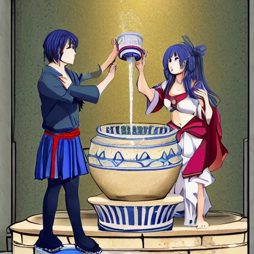 Image similar to an anime waifu in a greek attire pouring water out of a vase into a fountain, spanish alleyway