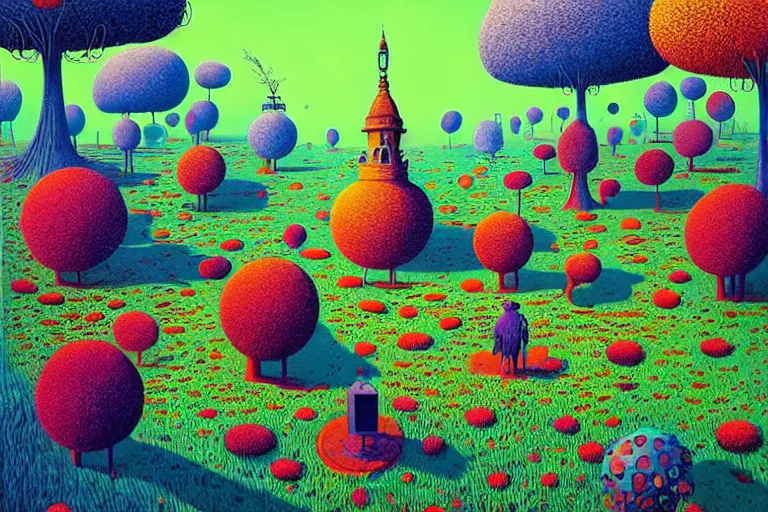 Prompt: surreal glimpse into other universe, kok samui, summer morning, very coherent and colorful high contrast, art by!!!! gediminas pranckevicius!!!!, geof darrow, floralpunk screen printing woodblock, dark shadows, hard lighting, stipple brush technique,