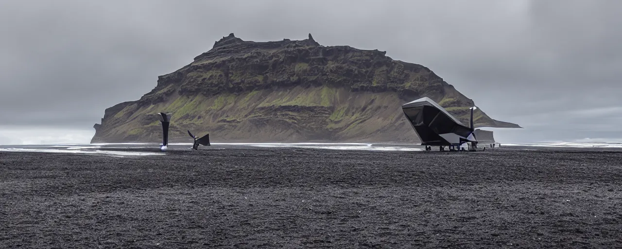 Image similar to cinematic shot of giant futuristic military spacecraft in the middle of an endless black sand beach in iceland with icebergs in the distance,, 2 8 mm