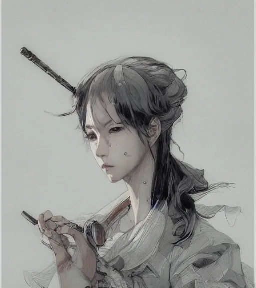 Image similar to dramatic portrait of anime woman wearing sailor suit, pen and ink, intricate line drawings, by craig mullins, ruan jia, kentaro miura, greg rutkowski, loundraw