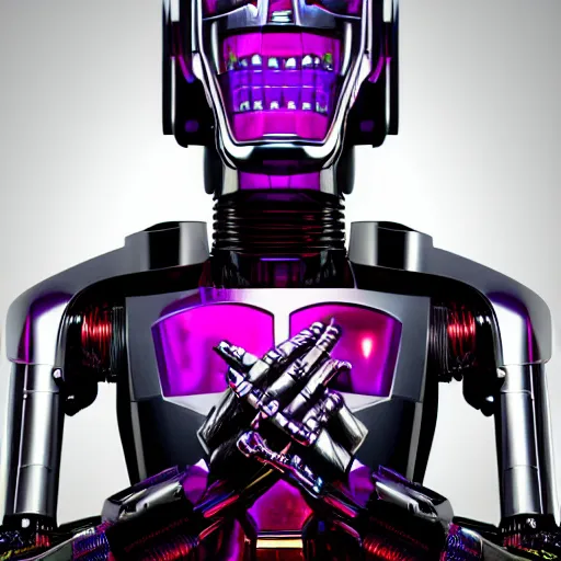 Image similar to portrait of a menacing evil villain robot, glowing dark red eyes, metal teeth, purple tubes, striking, Terminator, Ultron, sci-fi, C-3PO