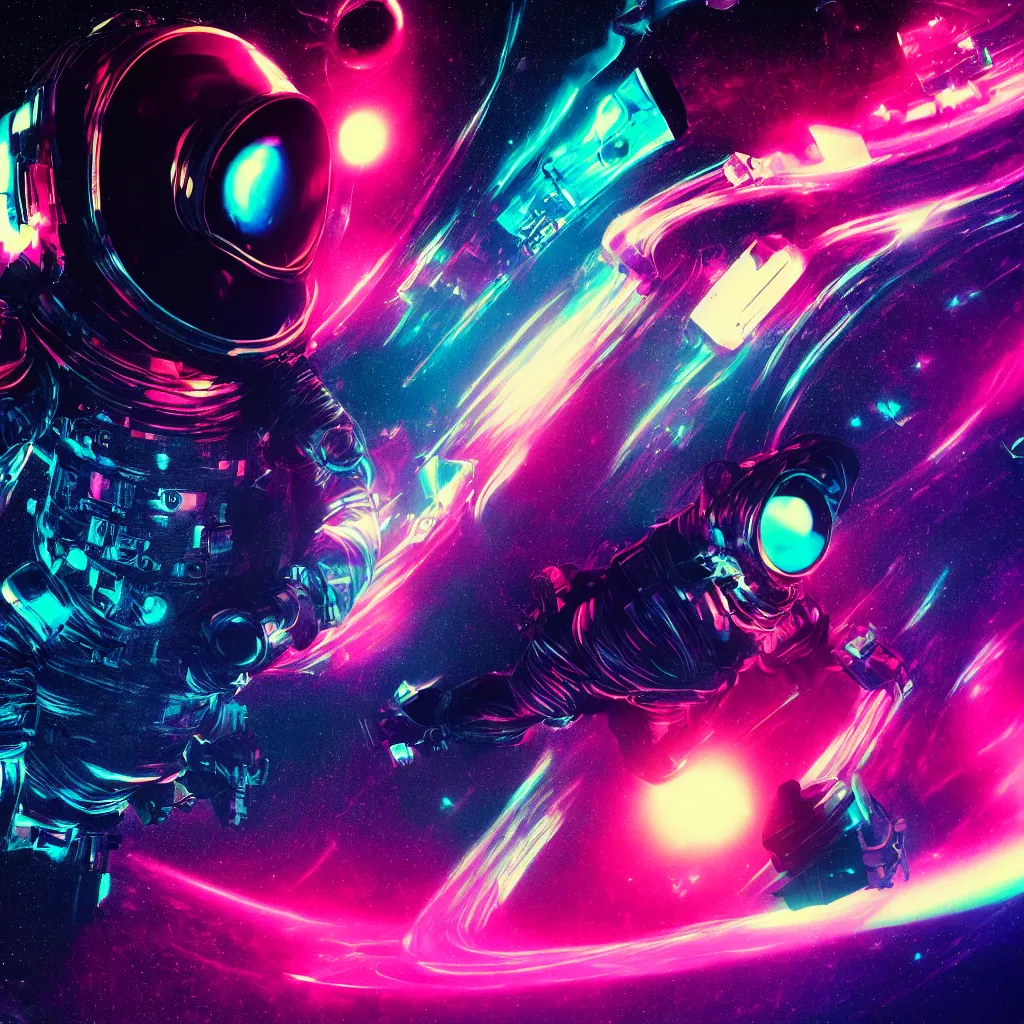 Prompt: astronaut sucked into blackhole synthwave, glitchy, reflective, holographic, neon, trending on artstation