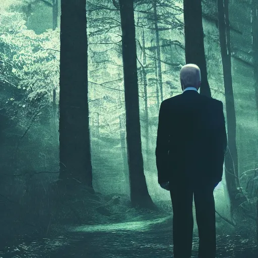 Prompt: joe biden as slenderman in forest, creepy joe biden, tall trees, night, creepy, horror, movie still, cinematic lighting, ray tracing, octane render, long lens, shallow depth of field, bokeh, anamorphic lens flare, 8 k, hyper detailed, 3 5 mm film grain