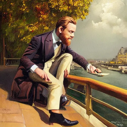 Prompt: mcgregor is dressed as a gentleman at early 2 0 th century paris. he is watching an easel. that easel has a canvas on it. ewan mcgregor has a brush on his hand. he is painting a painting. there is a brown cat with yellow eyes on ewan mcgregors feet. on background has river seine, morning sun, dark clouds, lightning, by jack kirby